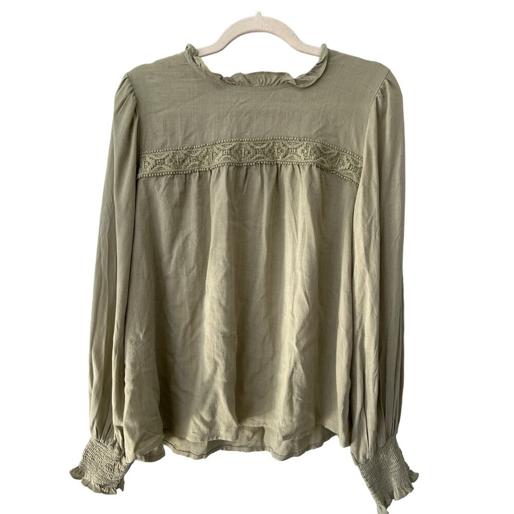 E&M Ruffle Neck Long Sleeve Blouse Women Large Crochet Lace Sage Green Boho NEW
